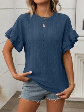 Women's Eyelet Ruffle Sleeve Knit Top - Blue Full & Plus Sizes